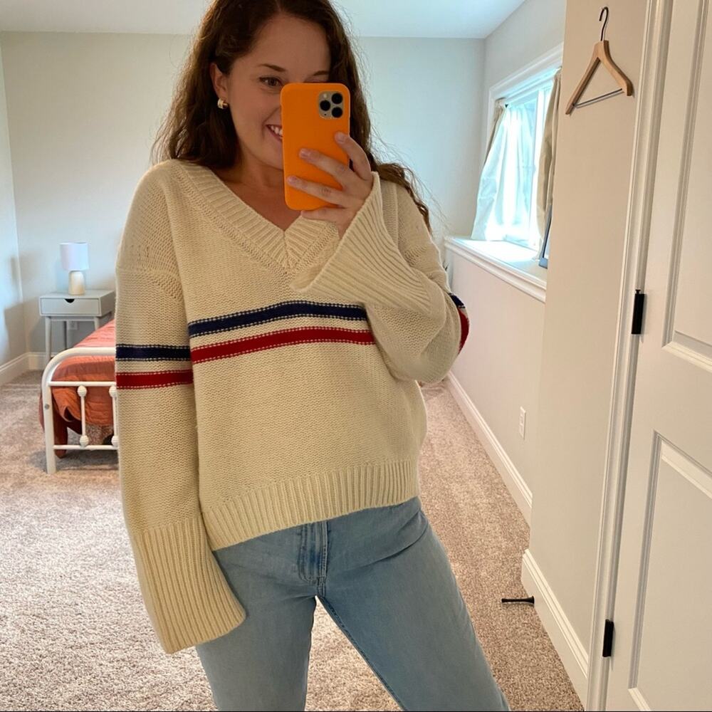 TOMORROWLAND Cream Blue Red Striped Wool V Neck Sweater Small - Picture 2 of 16